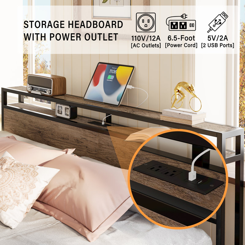 17 Stories Bookcase Storage Bed with Built in Power Outlets Headboard Wood Bed with Black Metal frame Platform Bed Frame with Heavy Duty Slat Support Industrial Style No Spring Box Needed Reviews